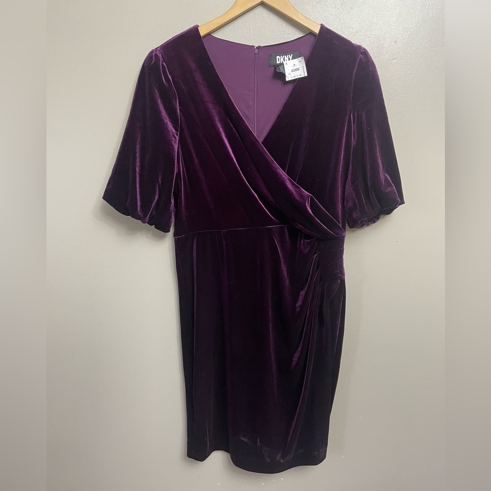 DKNY Womens Purple Velvet Unlined bubble Sleeve Knee Length Sheath Dress 12